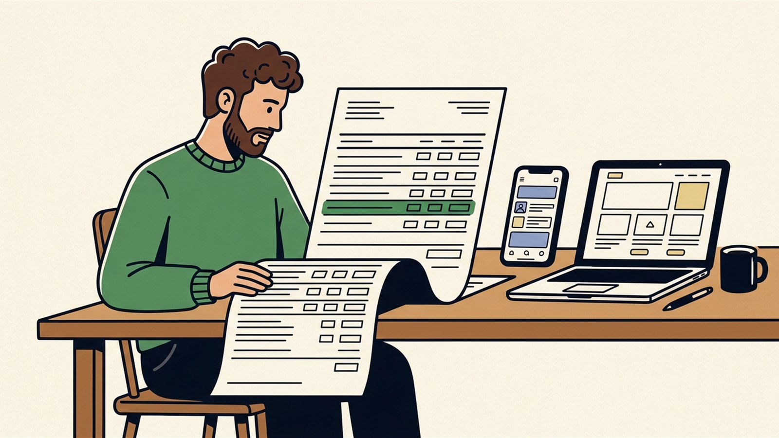 Flat illustration of a founder reading an itemized app development quote beside phone and laptop screens
