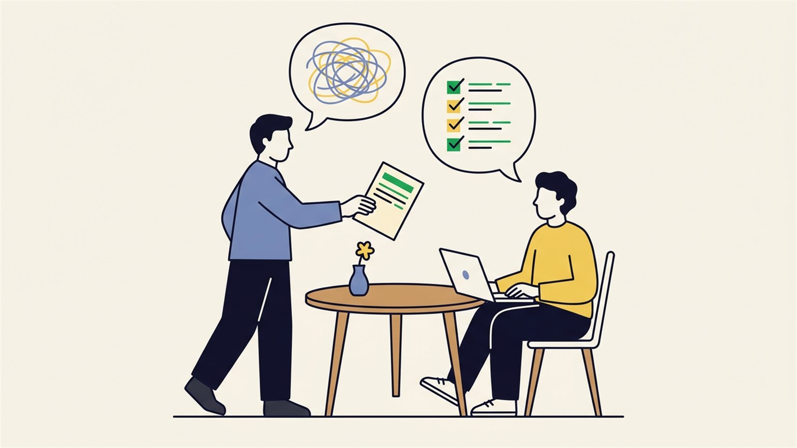 Flat illustration of a founder briefing a developer by handing over a clear one-page brief, a tangled idea turning into a tidy checklist