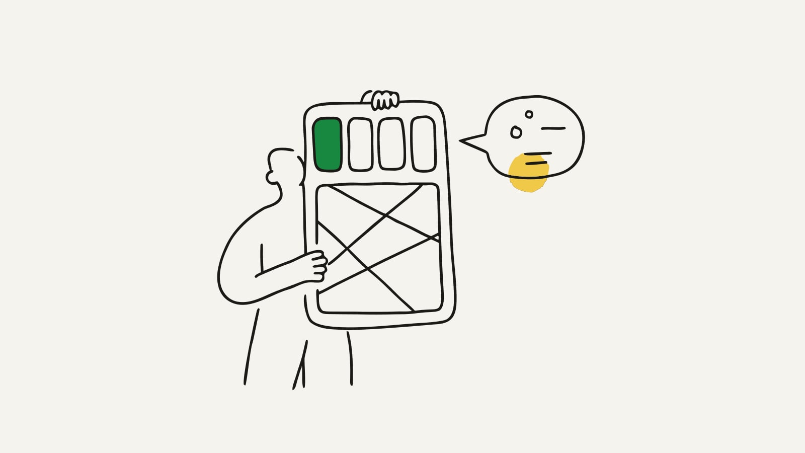 Flat illustration of ChatGPT building a mobile app, a person holding a phone whose lower screen is still an unfinished wireframe