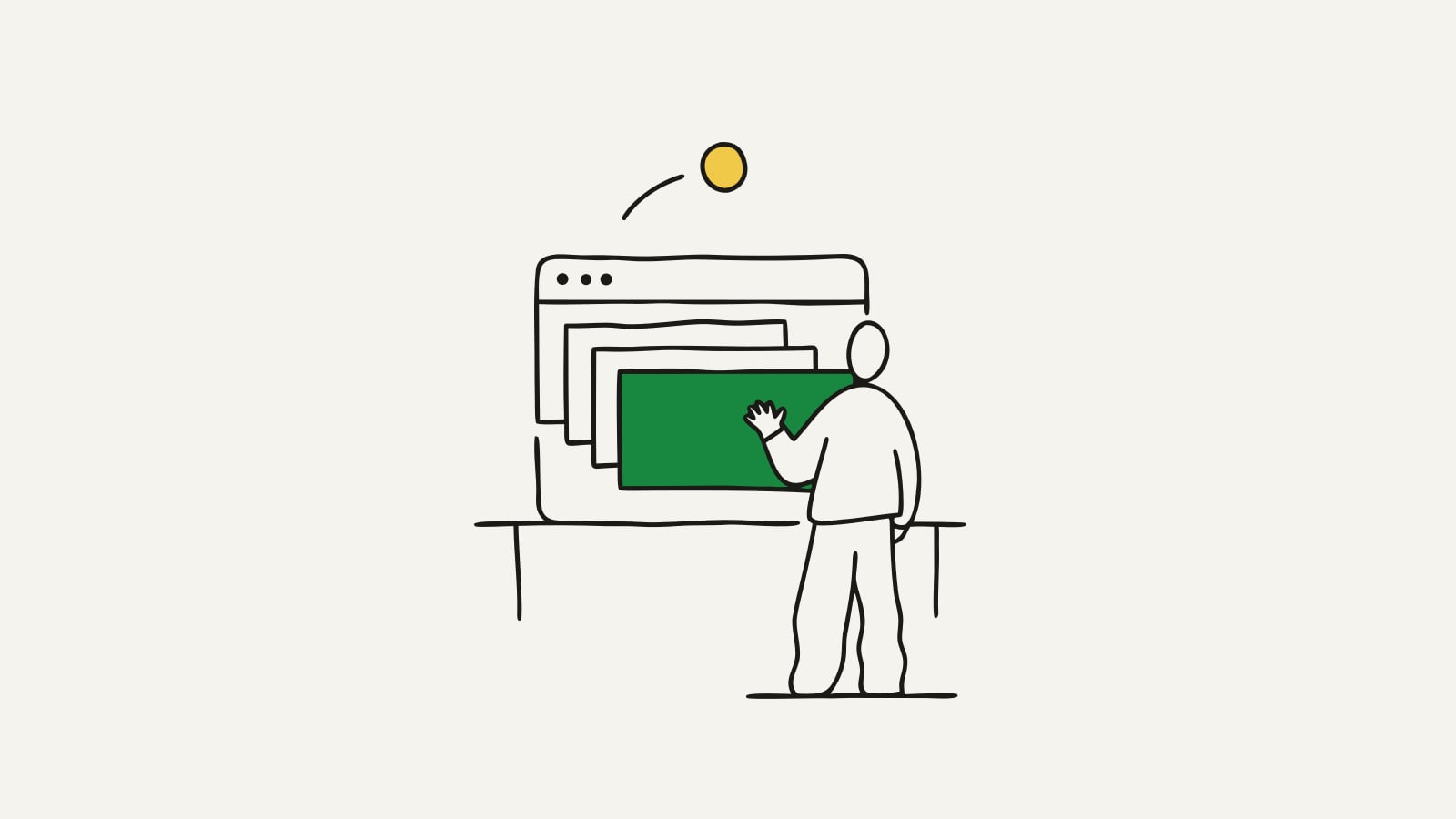 Flat illustration of building a website using AI, a person sliding a green content block into place on a browser window