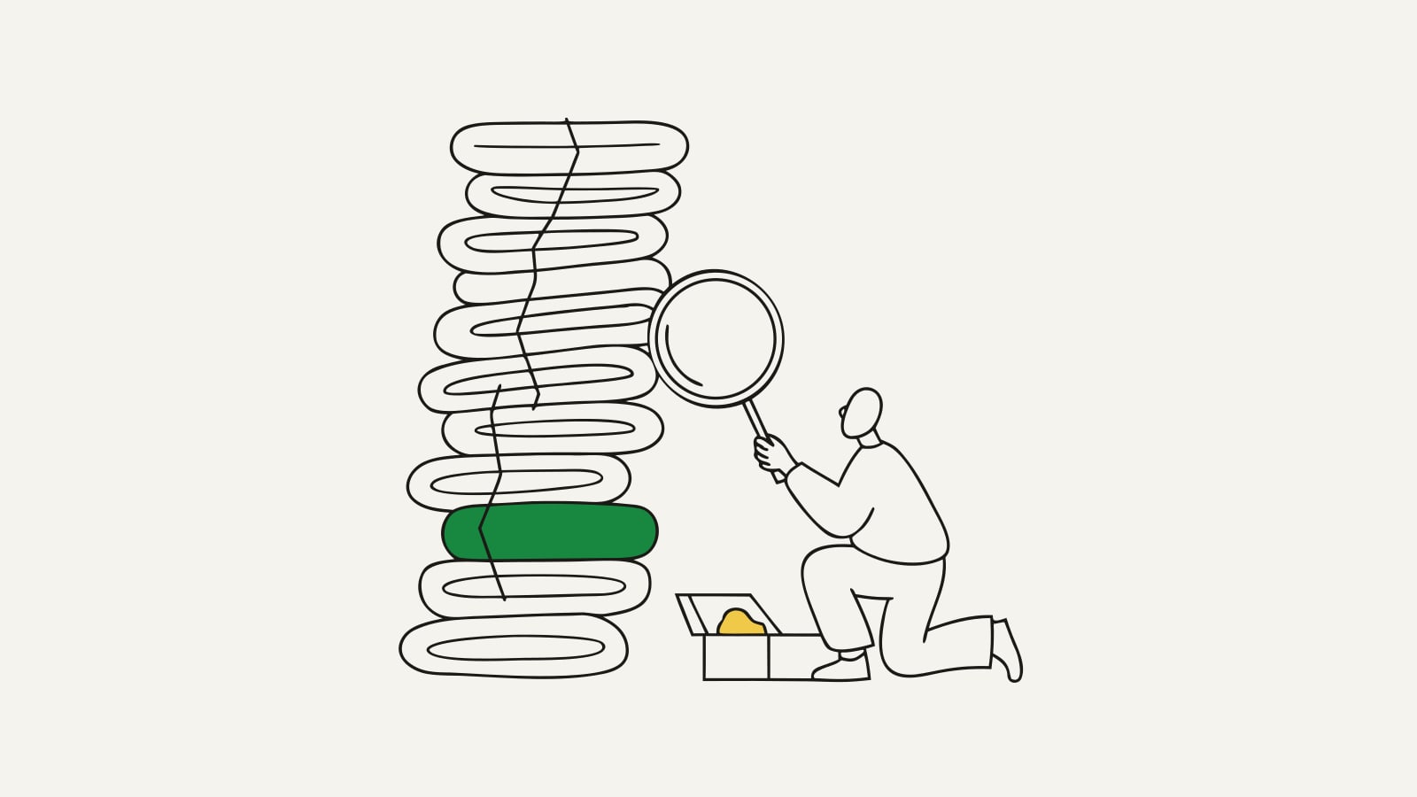 Flat illustration of fixing a vibe-coded app, a person inspecting a cracked leaning stack of interface panels with a magnifying glass