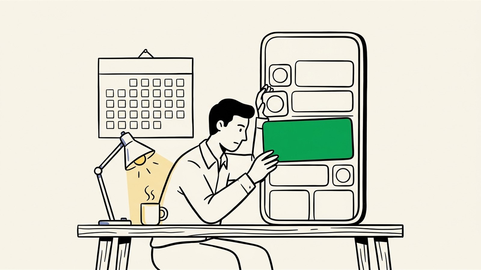 Flat illustration of a founder building an app by themselves at night, stacking interface blocks beside a mug and a calendar