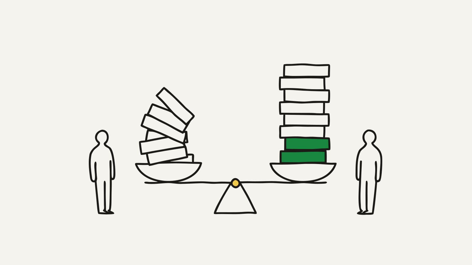 Flat illustration of vibe coding versus hiring a developer, a balance scale weighing a tumbling pile of blocks against a neat green stack