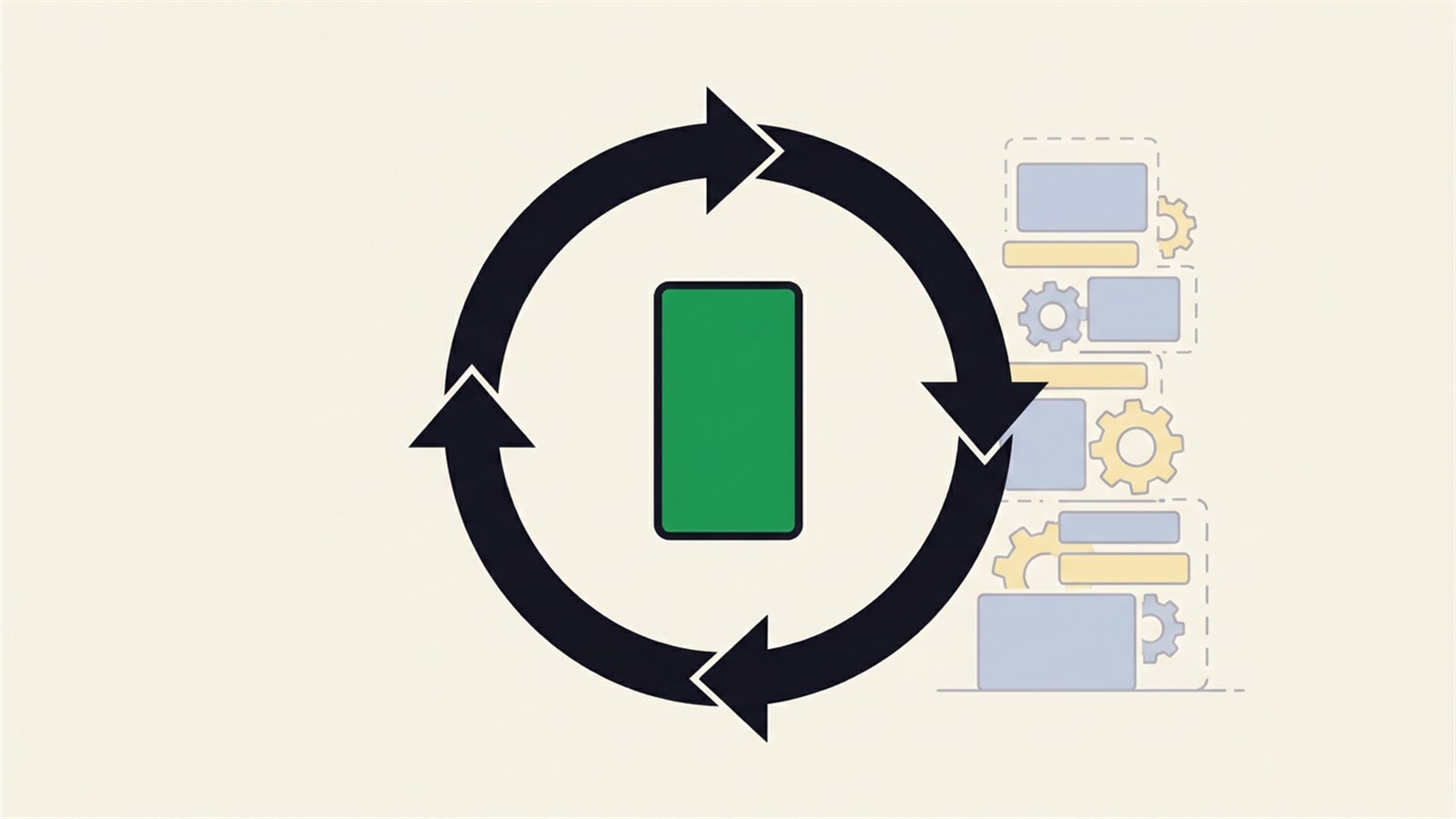 Flat illustration of choosing which features an MVP should have, one core app screen inside a loop of arrows while a stack of extra features waits to one side