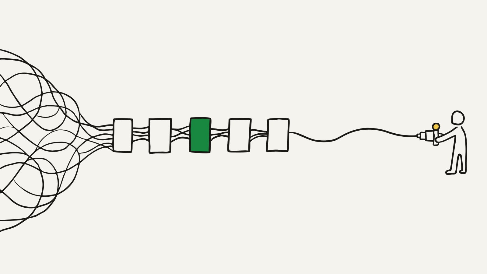 Flat illustration of Zapier versus custom automation, a tangle of wires resolving into one clean line through a row of connected boxes